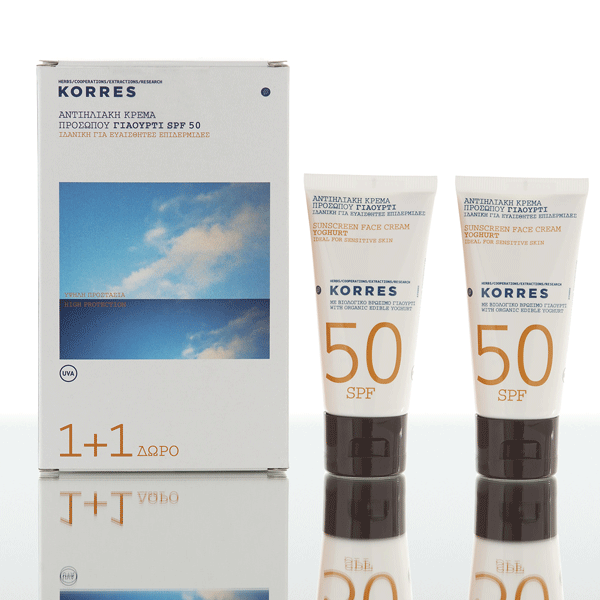 KORRES ΑΝΤΗΛΙΑΚΗ ΚΡΕΜΑ ΠΡΟΣΩΠΟΥ SPF50 1+1 ΔΩΡΟ