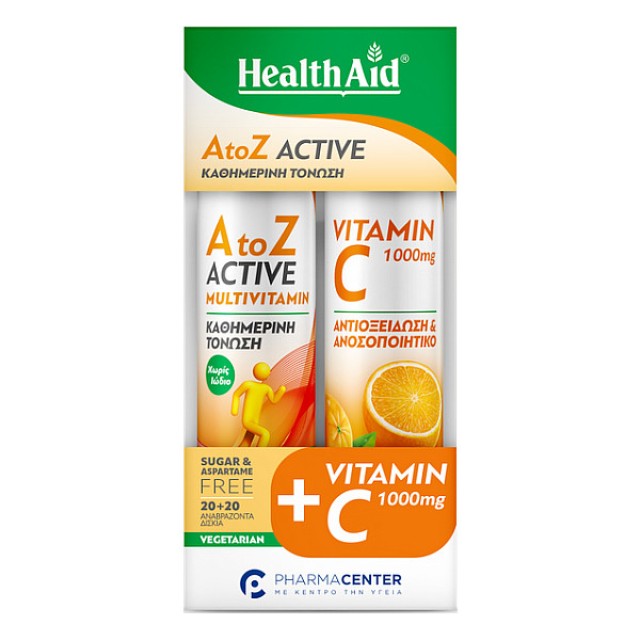 Health Aid A to Z Active Multivitamin γεύση Τροπικά Φρούτα 20 αναβράζοντα δισκία & Vitamin C 1000mg γεύση Πορτοκάλι 20 αναβράζοντα δισκία