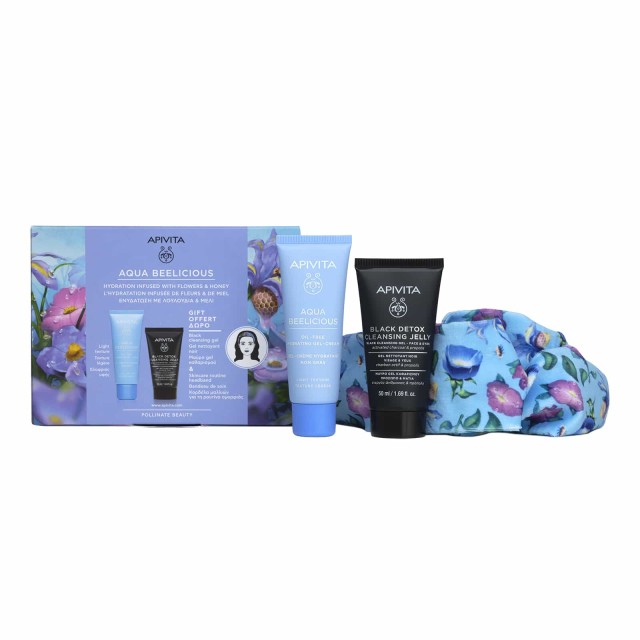 Apivita Aqua Beelicious Gel-Cream Ελαφριάς Υφής 40ml, Black Detox Cleansing Jelly 50ml & Hair Band