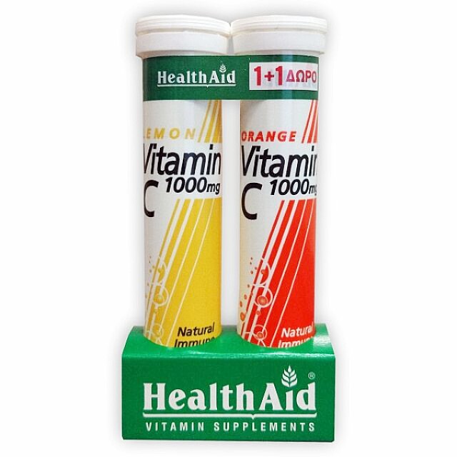 Health Aid Vitamin C 1000mg γεύση Λεμόνι 20 αναβράζοντα δισκία & Vitamin C 1000mg γεύση Πορτοκάλι 20 αναβράζοντα δισκία
