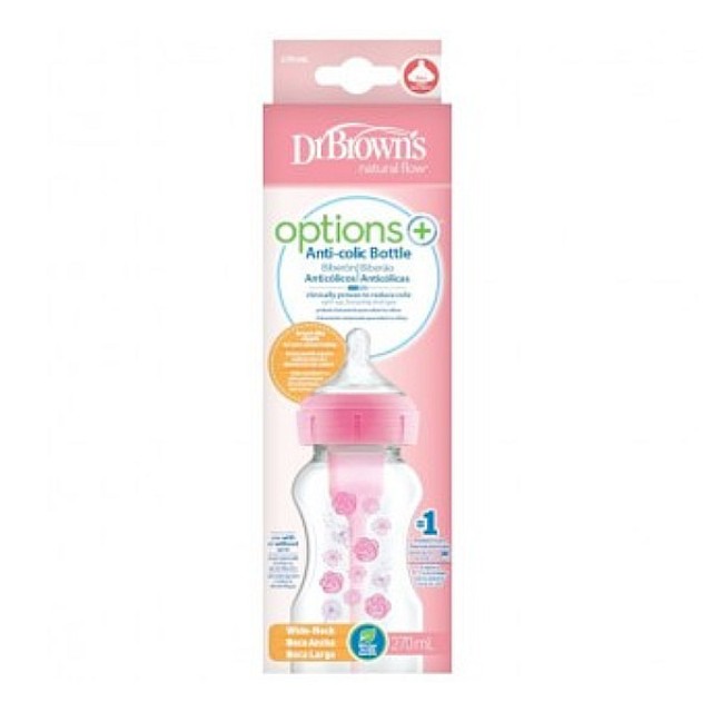 Dr. Brown's Μπιμπερό με Φαρδύ Λαιμό Πλαστικό Options+ & Θηλή Σιλικόνης Ροζ 270ml