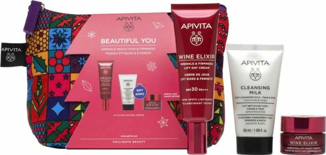 Apivita Wine Elixir Kit Αντιρυτιδικη Κρέμα Ημέρας SPF30 κατά των Πανάδων 40ml, Γαλάκτωμα Καθαρισμού 50ml & Κρέμα Νύχτας 15ml.