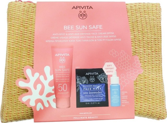 Apivita Bee Sun Safe Promo Anti Spot Anti Age Defense Face Cream SPF50 50ml, Aqua Beelicious Booster 10ml, Sea Lavender Express Mask, Toiletry Gift