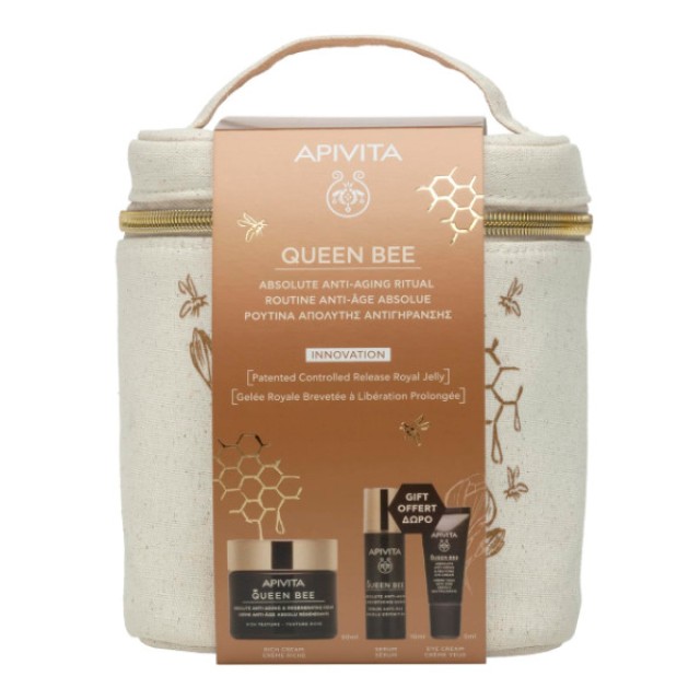 Apivita Queen Bee Absolute Anti-Aging and Regenerating Cream Rich Texture 50ml & Redefining Serum 10ml & Reviving Eye Cream 5ml