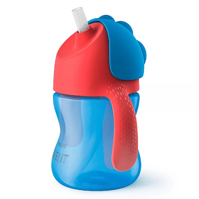 Philips Avent Baby Bottle with Straw Bendy Blue with Red Handles 9m+ 200ml