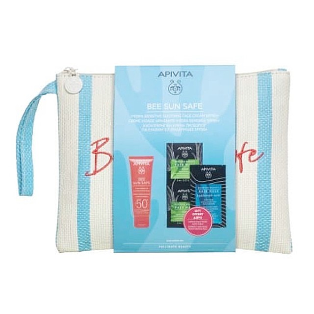 Apivita Bee Sun Safe Hydra Sensitive Soothing Face Cream SPF50 50ml & Face Mask Aloe 2x8ml & Hair Mask Hyaluronic Acid 20ml