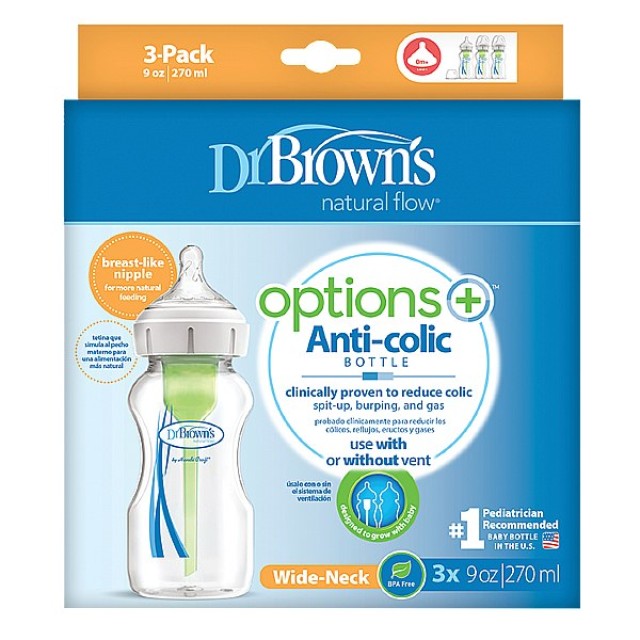 Dr. Brown's Μπιμπερό με Φαρδύ Λαιμό Πλαστικό Options+ & Θηλή Σιλικόνης 3x270ml