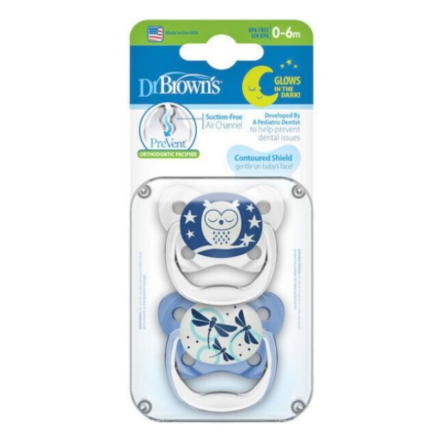 Dr. Brown's Prevent Night Orthodontic Soother 0-6m Blue 2 τεμάχια