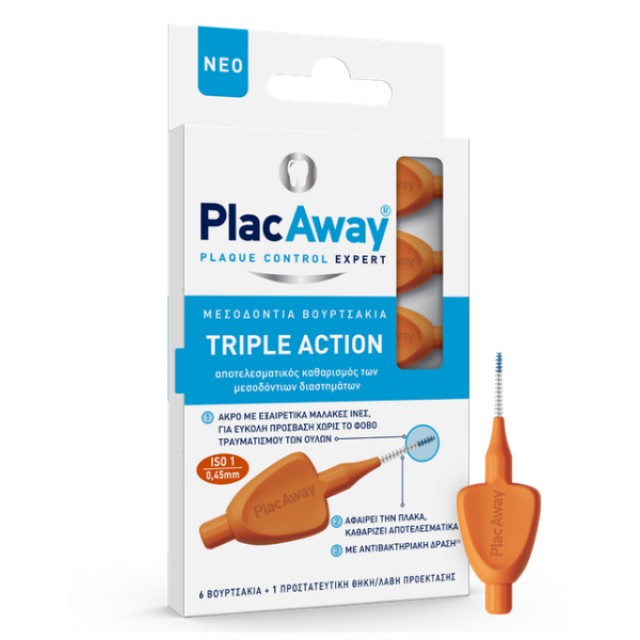 PlacAway Μεσοδόντιο Βουρτσάκι Triple Action 0.45mm ISO 1 Πορτοκαλί 6 τεμάχια