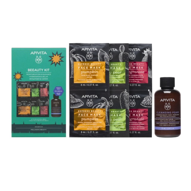 Apivita Beeauty Kit: Express Masks 2x8ml Pumpkin, Prickly Pear & Pomegranate & Mini Cleansing Foam 75ml