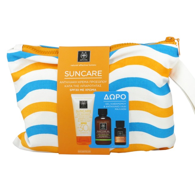 Apivita Promo Suncare Αντιηλιακή Κρέμα Προσώπου Κατά της Λιπαρότητας Ελαφριάς Υφής με Χρώμα SPF30 50ml + Δώρο Gel Καθαρισμού για Λιπαρές-Μικτές Επιδερμίδες με Πρόπολη & Κίτρο 75ml + Αντιηλιακό Λάδι Μαλλιών για Προστασία και Ενυδάτωση 20ml