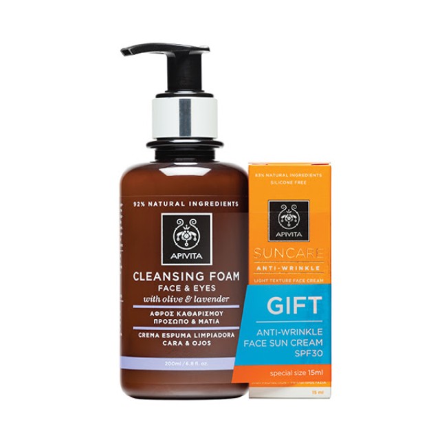 Apivita Cleansing Foam Face & Eyes with Olive & Lavender Αφρός Καθαρισμού για Πρόσωπο & Μάτια 200ml + Δώρο Sun Care Anti-Wrinkle Face Sun Cream SPF30 15ml