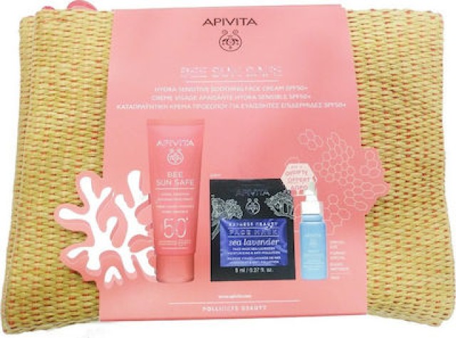 Apivita Bee Sun Safe Promo Hydra Sensitive Soothing Face Cream SPF50+ 50ml, Aqua Beelicious Booster 10ml, Sea Lavender Express Mask, Δώρο Νεσεσέρ