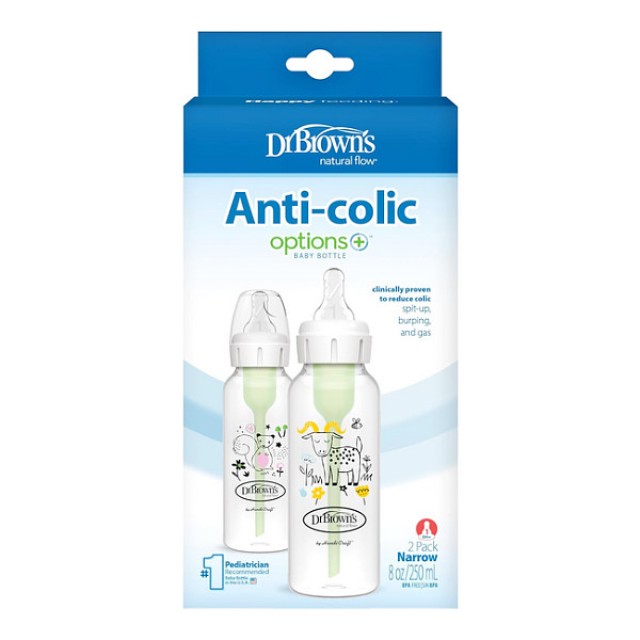 Dr. Brown's Anti-Colic Options+ Plastic Baby Bottle Narrow Τράγος-Σκιουράκι 2x250ml