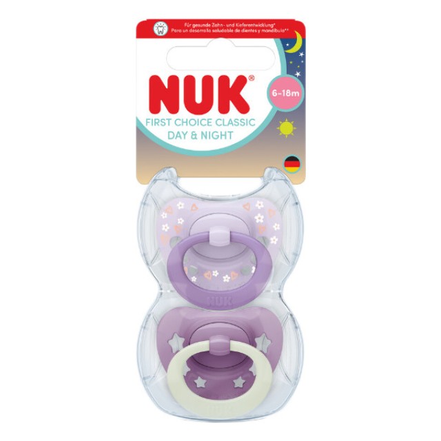 Nuk First Choice Classic Day and Night Silicone Soother 6-18m Purple 2 τεμάχια