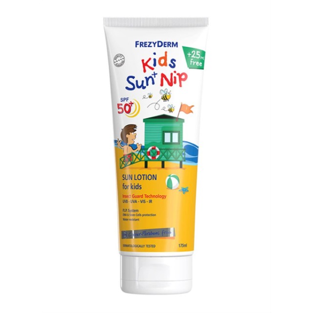 Frezyderm Kids Sun + Nip Παιδικό Αντηλιακό Με Εντομοαπωθητικές Ιδιότητες Για Πρόσωπο & Σώμα SPF50+ 175ml