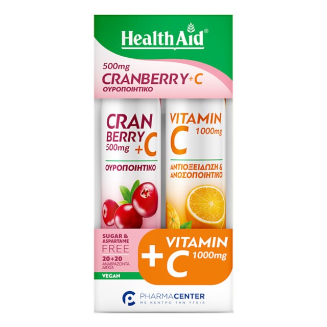 Health Aid Cranberry and Vitamin C γεύση Κράνμπερι 20 αναβράζοντα δισκία & Vitamin C 1000mg γεύση Πορτοκάλι 20 αναβράζοντα δισκία