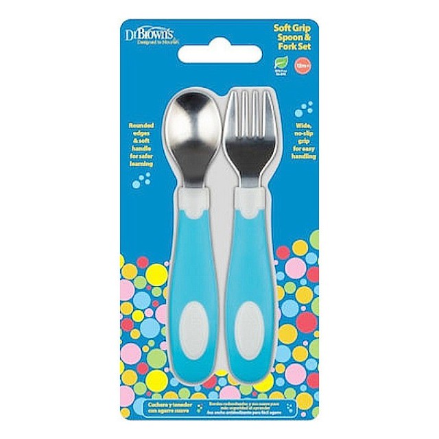 Dr. Brown's Soft Grip Spoon and Fork Set 12m+ Blue 2 τεμάχια