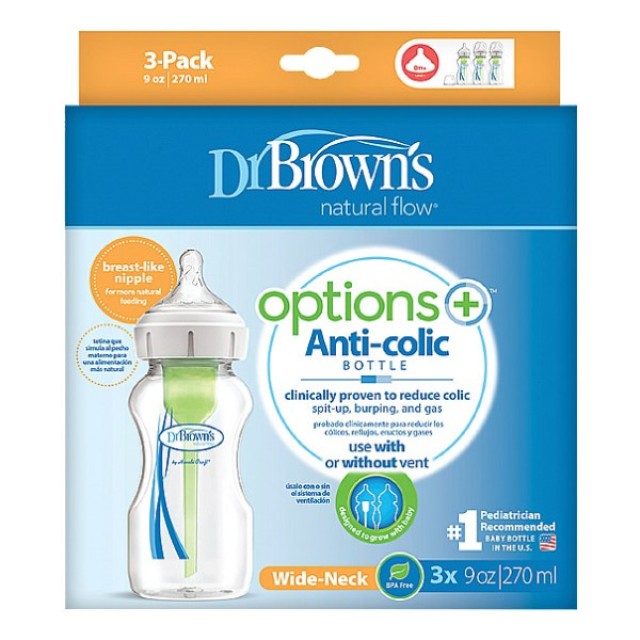 Dr. Brown's Anti-Colic Options+ Plastic Baby Bottle Wide 3x270ml
