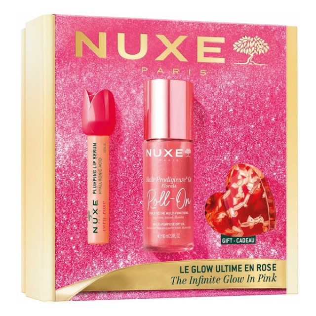 Nuxe Huile Prodigieuse Or Floral Multi-Purpose Dry Oil Roll-On 60ml & Very Rose Plumping Lip Serum 8ml & Pink Hair Clip
