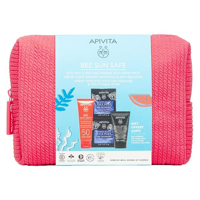 Apivita Bee Sun Safe Anti-Spot and Anti-Age Defense Face Cream SPF50 50ml & Black Detox Cleansing Jelly 50ml & Face Mask Sea Lavender 2x8ml