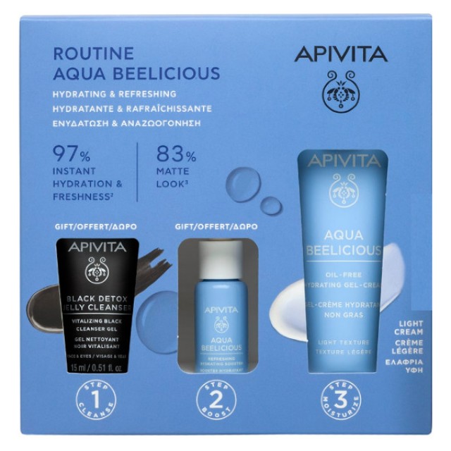 Apivita Aqua Beelicious Gel-Cream Light Texture 40ml & Booster 10ml & Black Detox Jelly Cleanser 15ml