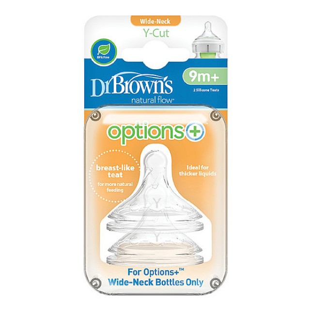 Dr. Brown's Options+ Wide Neck Y-Cut Silicone Nipples for Baby Bottles 9m+ 2 pcs