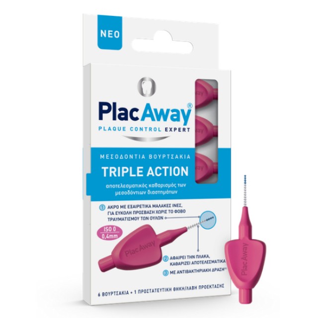 PlacAway Interdental Brush Triple Action 0.4mm ISO 0 Pink 6 pieces