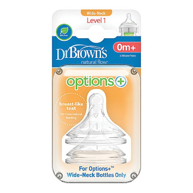 Dr. Brown's Options+ Silicone Nipples for Wide Neck Baby Bottles Level 1 0m+ 2 pcs