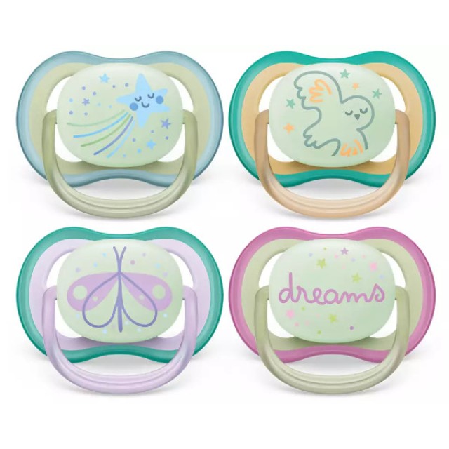 Philips Avent Ultra Air Night Time Ορθοδοντική Πιπίλα Πράσινο ή Μωβ 0-6m 2 τεμάχια