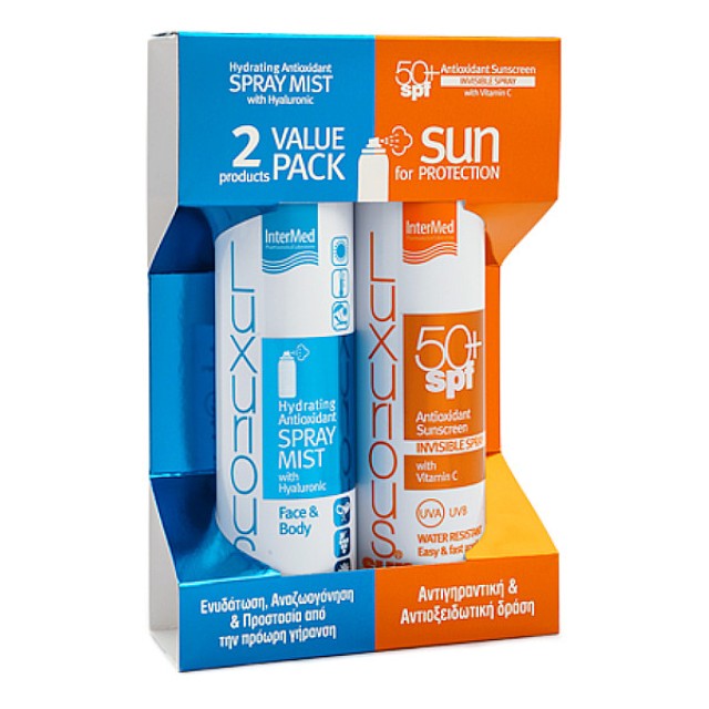 Intermed Luxurious Suncare Hydrating Antioxidant Mist Face & Body 200ml & Antioxidant Sunscreen Invisible Spray SPF50+ 200ml