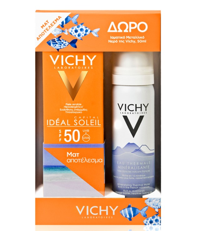 Vichy Ideal Soleil SPF50+ Αντηλιακή Κρέμα προσώπου για Ματ Αποτέλεσμα 50ml + Δώρο Vichy Eau Thermale Mineralisante 50ml