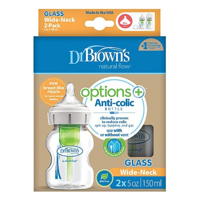 Dr. Brown's Baby Bottle with Wide Neck Glass Options+ & Silicone Nipple 2x150ml