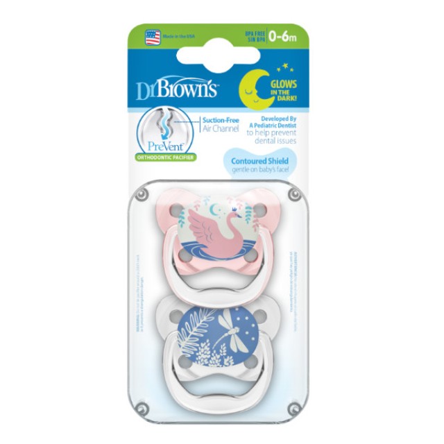 Dr. Brown's Orthodontic Pacifier Night Butterfly Prevent Pink-Blue Level 1 0-6 months 2 pieces