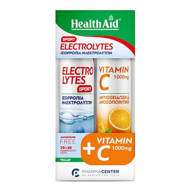 Health Aid Electrolytes Sport γεύση Φράουλα 20 αναβράζοντα δισκία & Vitamin C 1000mg γεύση Πορτοκάλι 20 αναβράζοντα δισκία