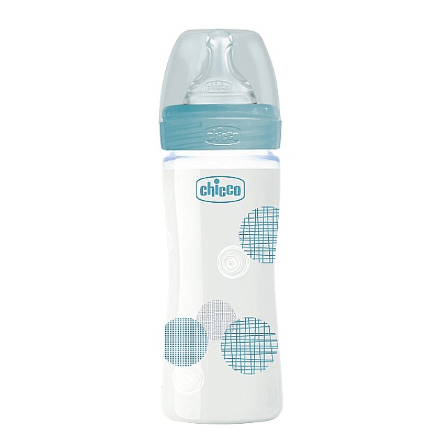 Chicco Well Being Glass Baby Bottle With Silicone Nipple Ciel 0m+ 240ml