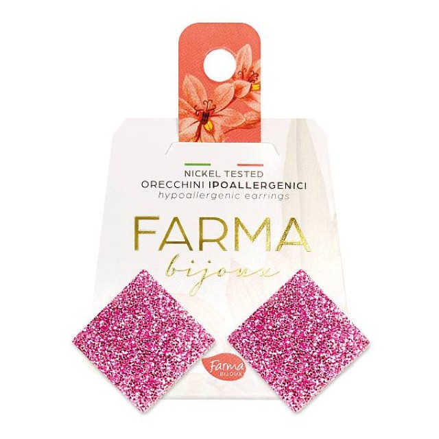Farma Bijoux Υποαλλεγικά Σκουλαρίκια Τετράγωνα Ροζ Κουμπιά με Glitter 20mm