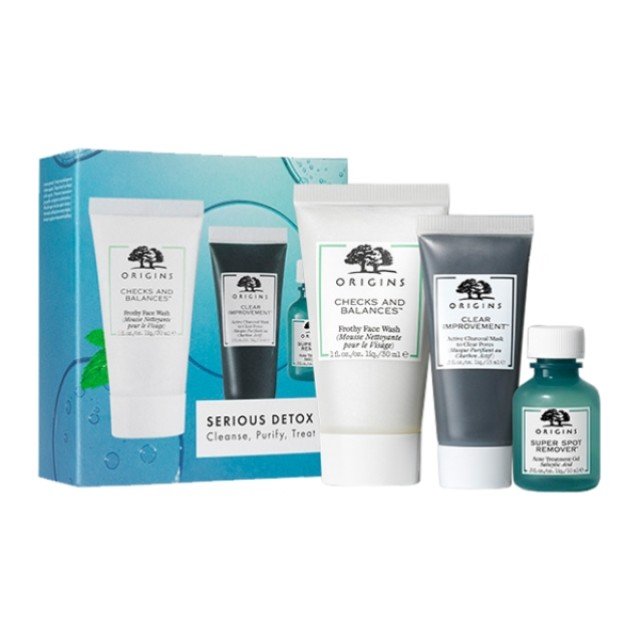 Origins Serious Detox Promo Check And Balances Face Wash 30ml & Clear Improvement Charcoal Mask 15ml & Super Spot Remover 10ml