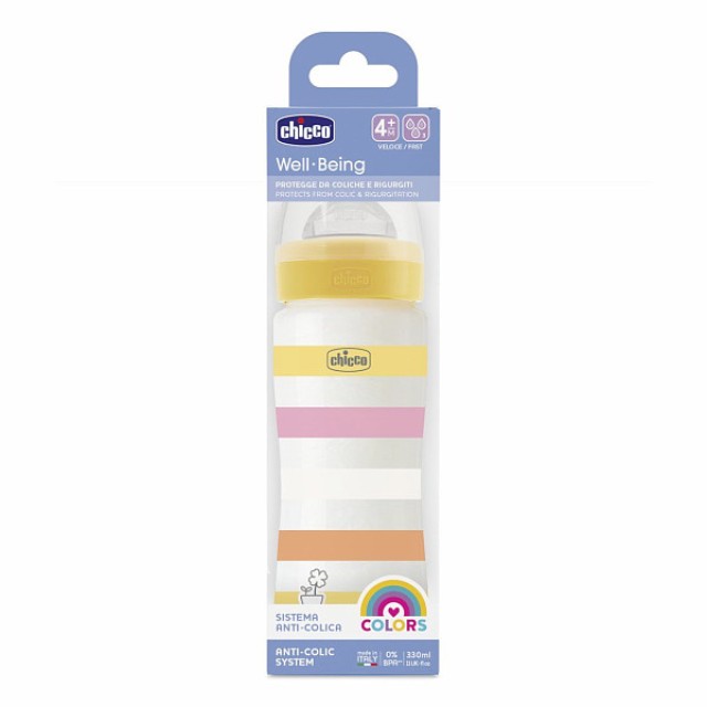 Chicco Well Being Plastic Baby Bottle 4m+ Yellow-Pink Stripes 330ml