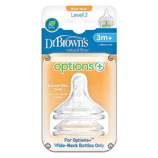 Dr. Brown's Silicone Nipples for Baby Bottles Options+ Wide Neck Level 2 3m+ 2 pieces