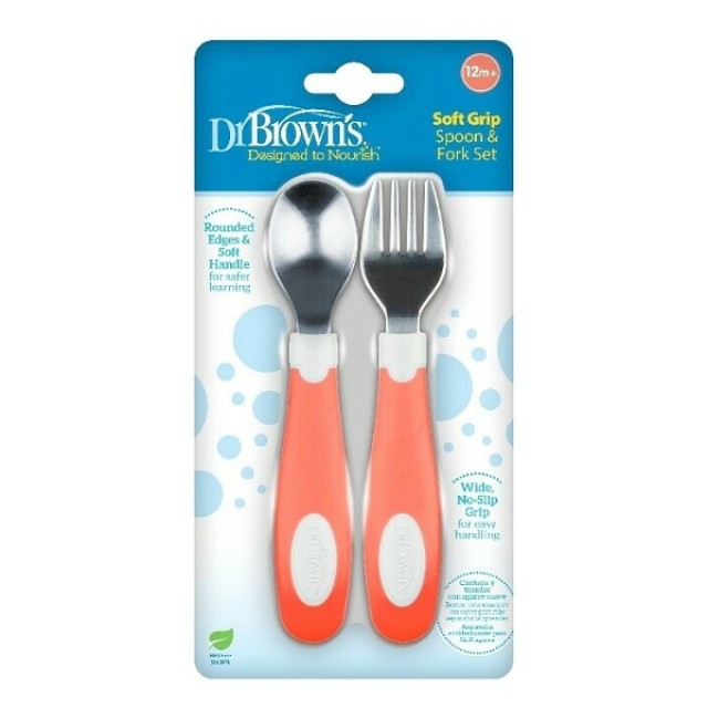 Dr. Brown's Soft Grip Spoon and Fork Set 12m+ Red 2 τεμάχια