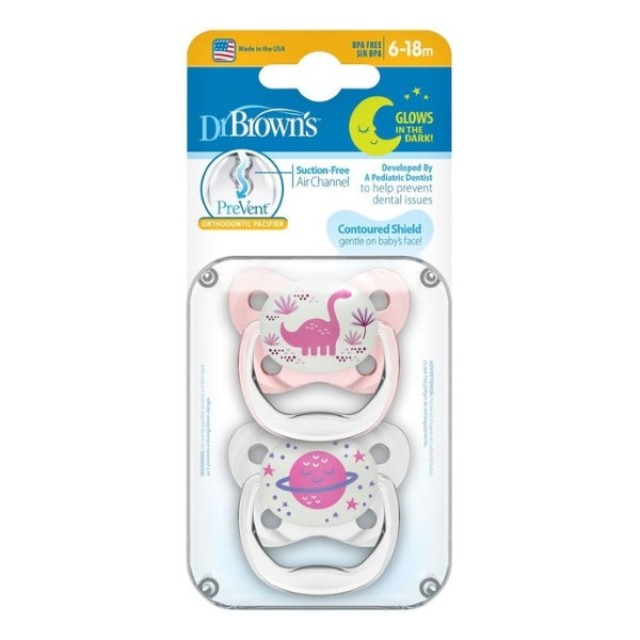Dr. Brown's Prevent Night Orthodontic Soother 6-18m Pink 2 τεμάχια