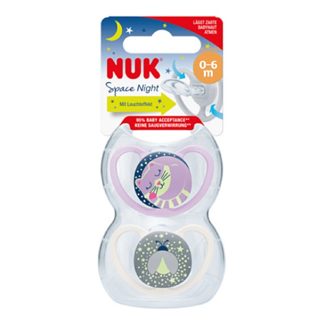 Nuk Space Night Πιπίλα Σιλικόνης με Διπλή Θήκη  Κορίτσι 0-6m 2 τεμάχια