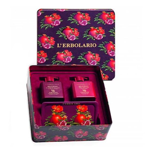 L'Erbolario Melograno Bellezza Duo Box Face and Hand Cleansing Gel 250ml & Body and Hand Cream 250ml & metal tray