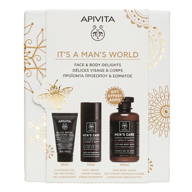 Apivita Men's Care Face and Eye Cream 50ml & Hair and Body Wash 250ml & Black Detox Cleansing Jelly 50ml