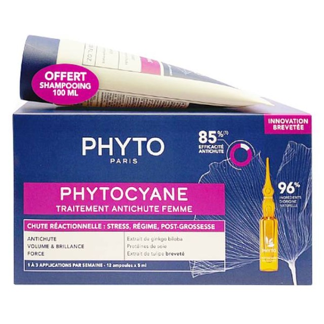 Phyto Phtyocyane Women Anti-Hair Loss Treatment for Reactional Hair Loss Vials 12x3.5ml & Invigorating Shampoo 100ml
