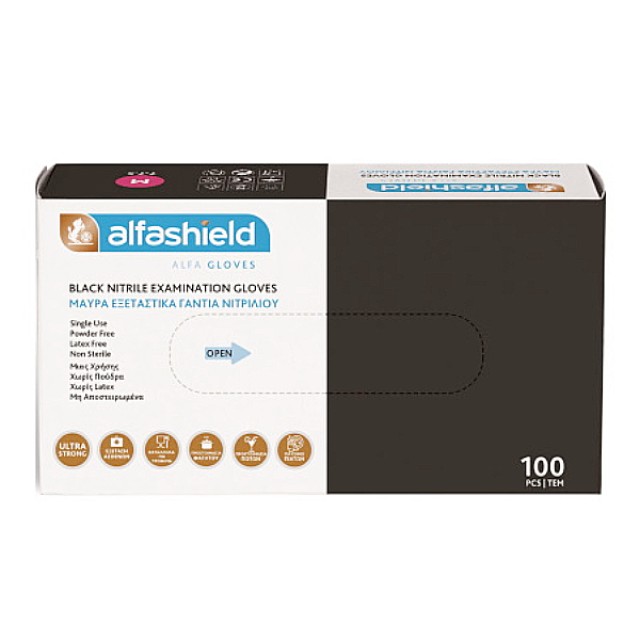 Alfashield Nitrile Gloves Powder Free Black Medium 100 pieces