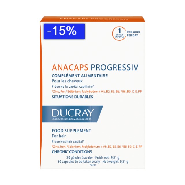 Ducray Anacaps Progressiv Για Την Προοδευτική Τριχόπτωση Μειωμένη Τιμή -15% 30κάψουλες