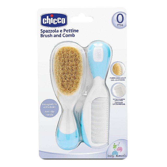 Chicco Βούρτσα-Χτένα Φυσική Τρίχα Σιέλ 0m+ σετ 2 τεμαχίων