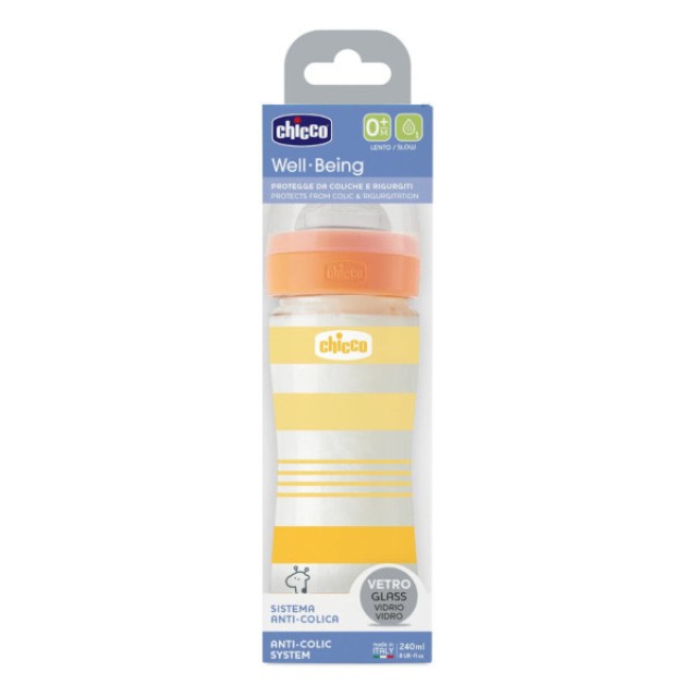 Chicco Well Being Glass Baby Bottle 0m+ Yellow Stripes 240ml